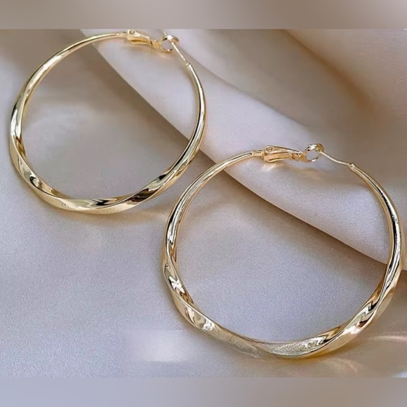 Pierced Hoop Earrings Large Silvertone Twisted Shiny and Brushed - Picture 2 of 4